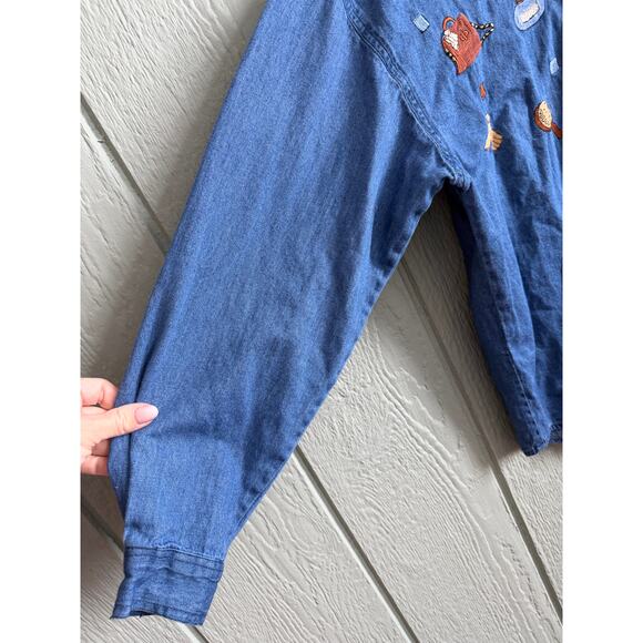 Vintage Embroidered Denim Shirt Women’s Large – Velvet Collar – 90s Cottagecore - Picture 5 of 6